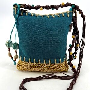 Sun N Sand Coastal Grandma Boho Raffia Shell Wooden Woven Braided Crossbody Bag